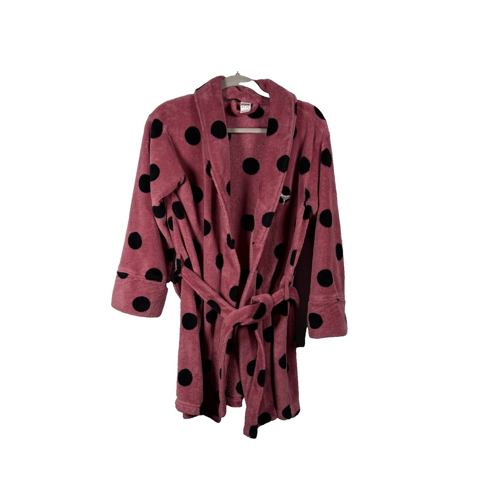 Victorias Secret Pink Polka Dot Black Robe Size XS S Tie Knee Length Cozy Comfy